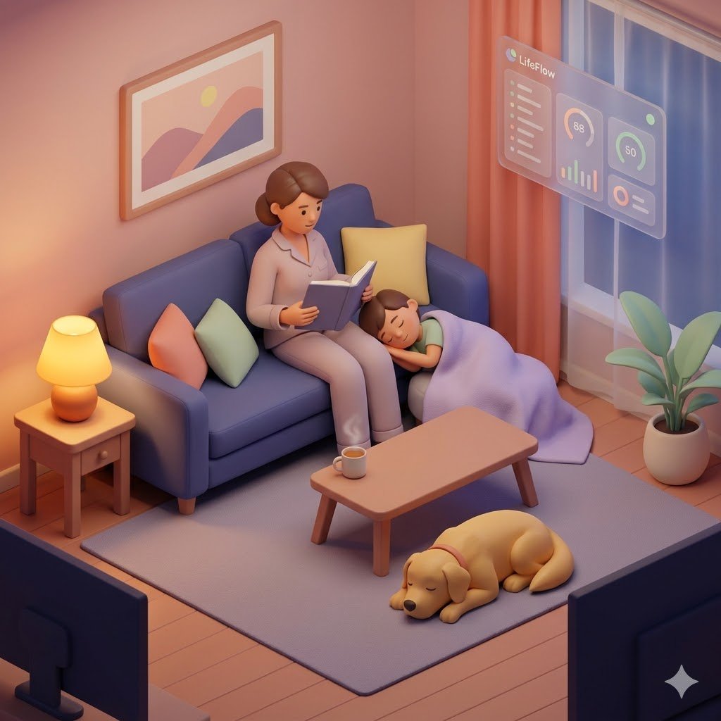Peaceful evening scene — a parent reads on a couch with a sleeping child curled up nearby, a dog asleep on the floor, and a quiet LifeFlow dashboard glowing softly in the background