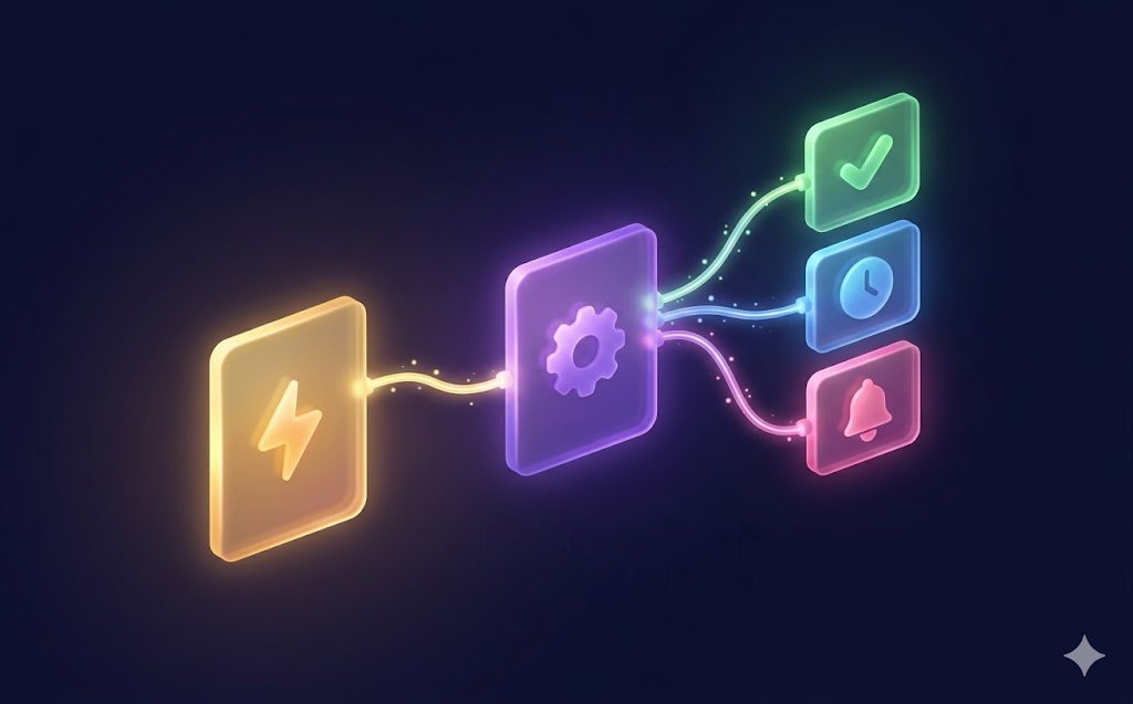 LifeFlow Flow Studio canvas showing connected automation nodes — a yellow trigger node, a purple condition node, and three colored action nodes wired together with glowing connections on a dark background