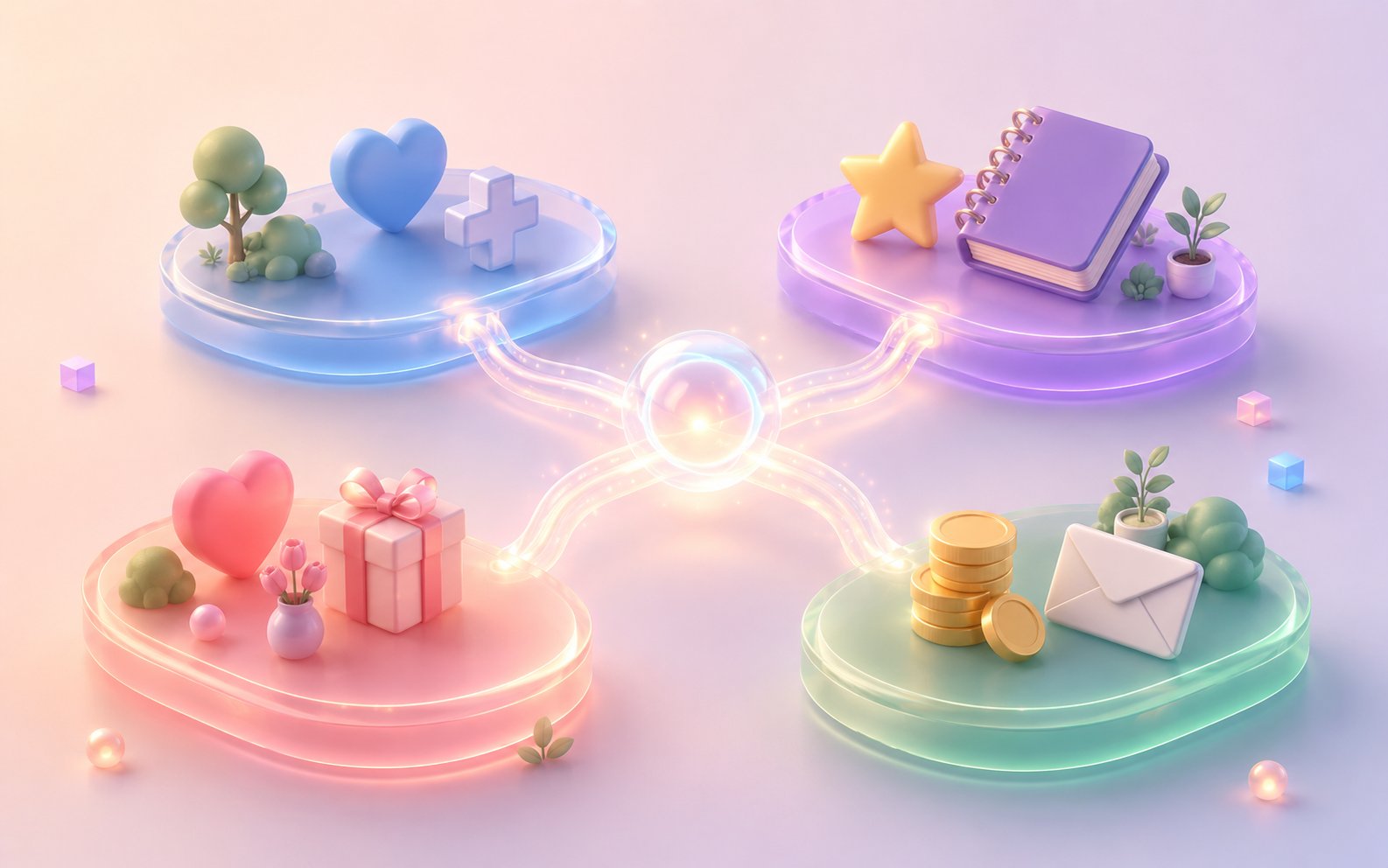 LifeFlow's four life domains visualized as connected miniature worlds — family, finance, health, and personal — linked by glowing threads through a central orb