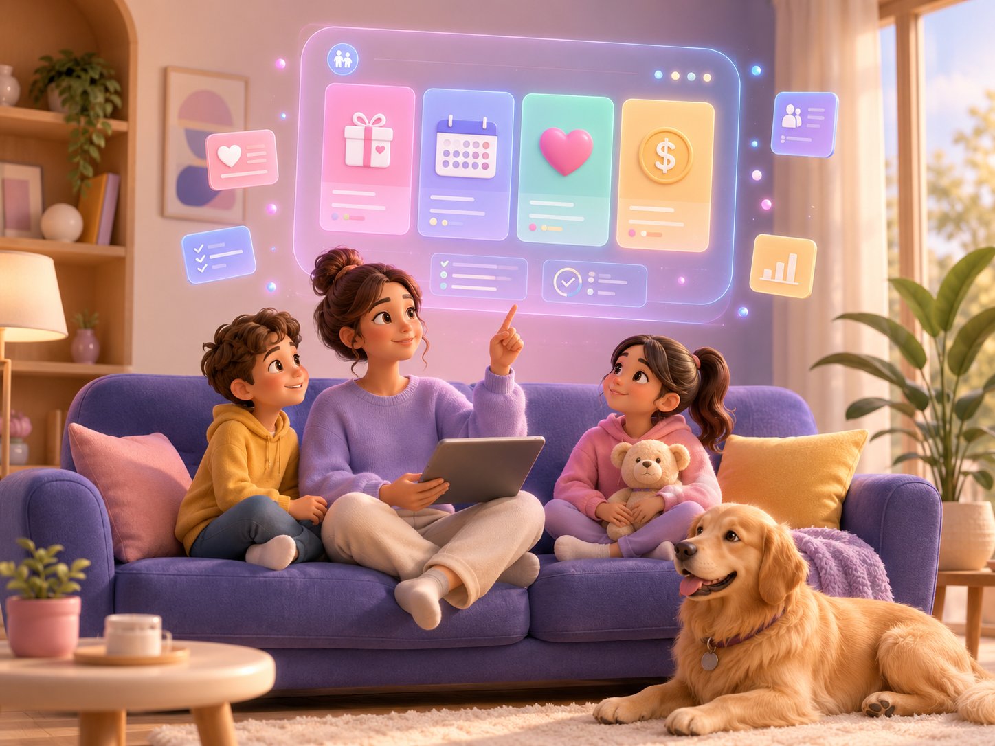 Family at home using LifeFlow personal life automation app — parent and two children with a floating dashboard showing tasks for family, finance, health, and personal life