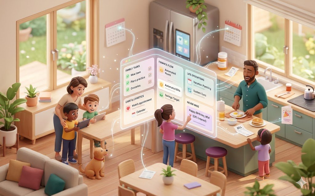 LifeFlow dashboard in use during a family morning — parents and children in a kitchen with floating panels showing Family Tasks, Finance Flow, Care and Logistics, Life Operations, and Never Miss reminders including a happy birthday gift confirmation