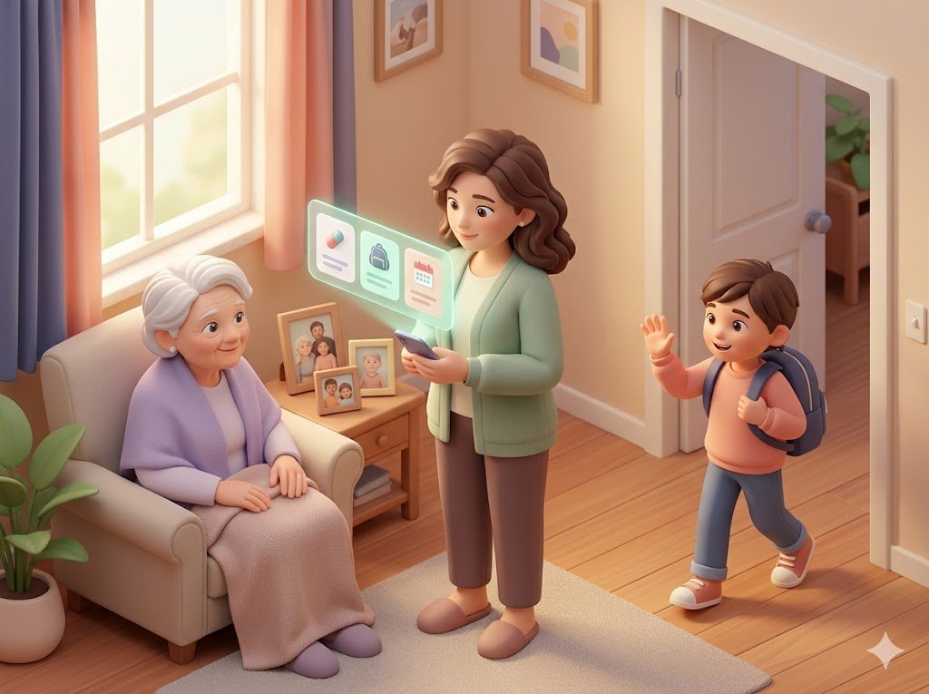 Adult caregiver coordinating care across three generations — managing an elderly grandmother in an armchair and a school-age child returning home, with a phone displaying medication and appointment reminders