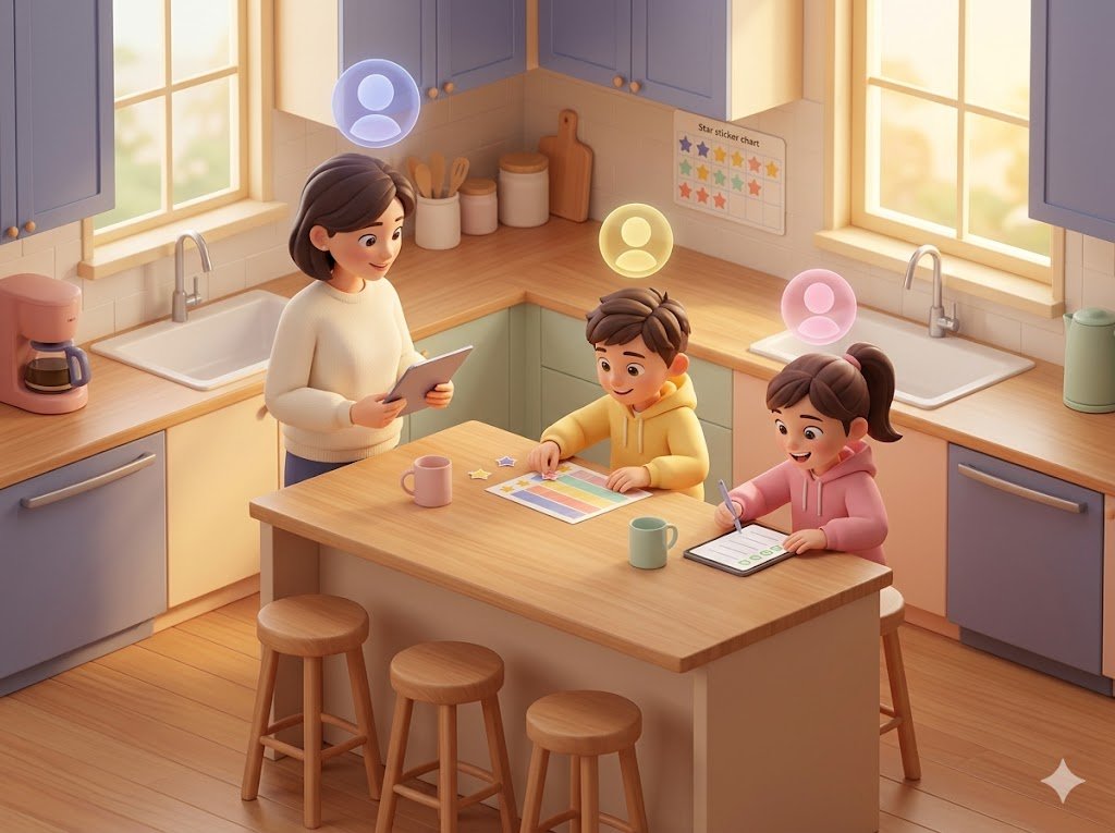 Family using LifeFlow together in their kitchen — parent with a tablet, two children checking off tasks with color-coded profile circles floating above each person