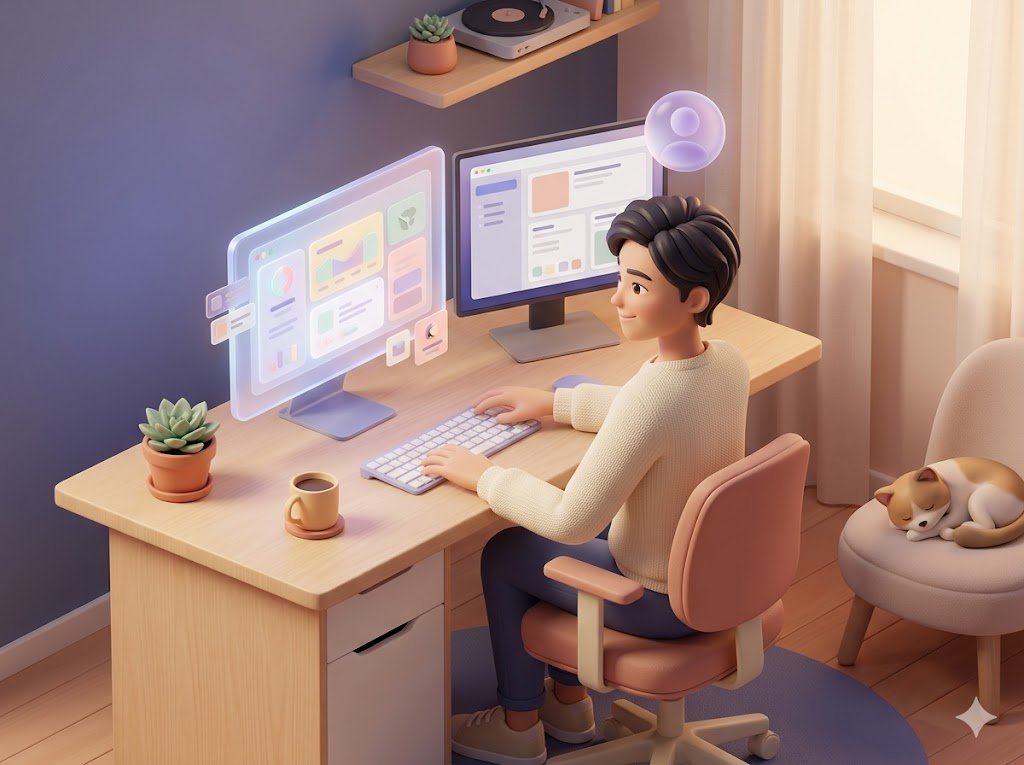 Solo professional working at a clean modern home office desk with dual monitors — one displaying a LifeFlow dashboard, the other a work app — with a sleeping cat nearby