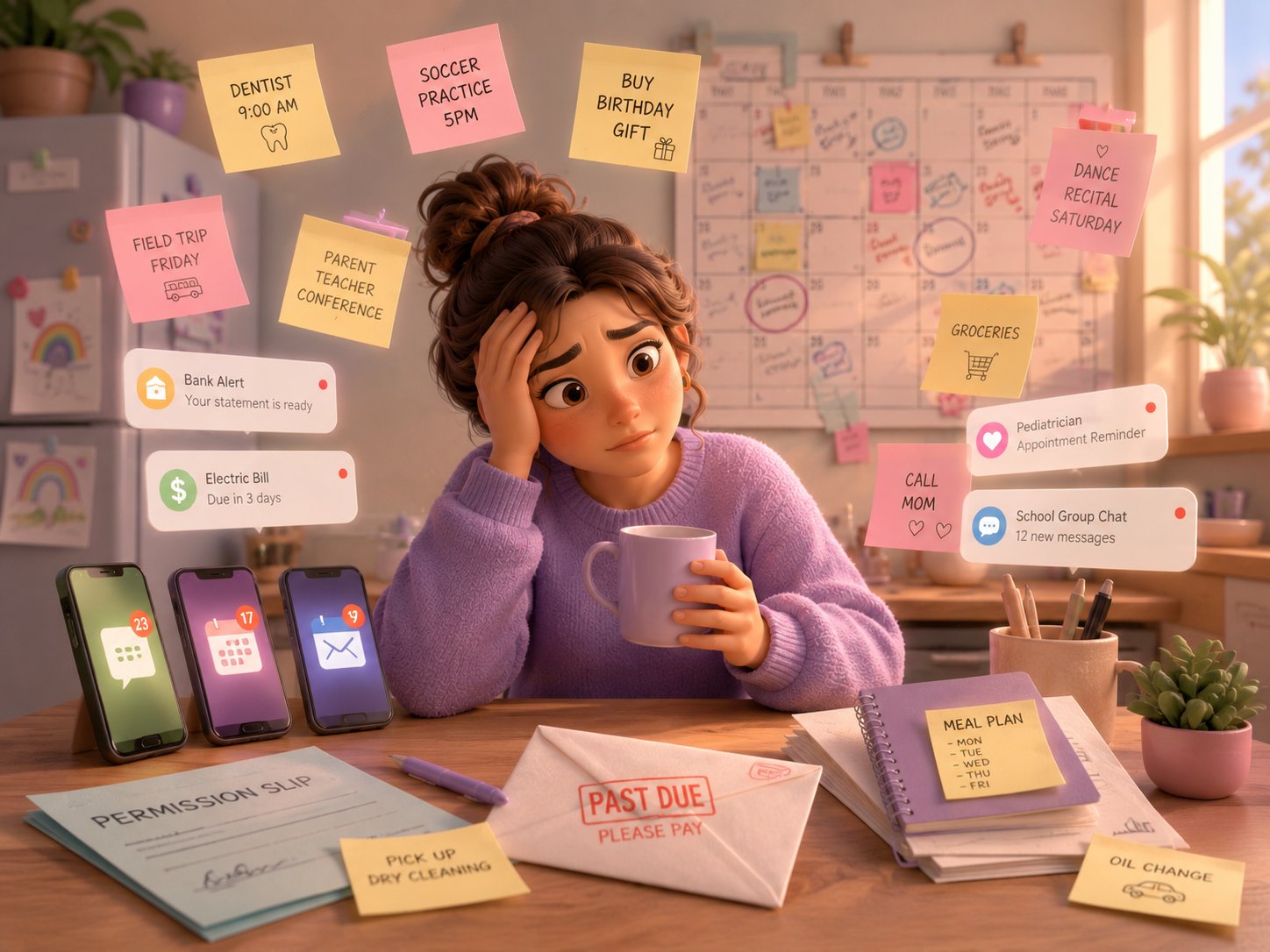 Overwhelmed parent surrounded by sticky notes for dentist appointments, soccer practice, parent-teacher conferences, and overdue bills — visual representation of the mental load families carry